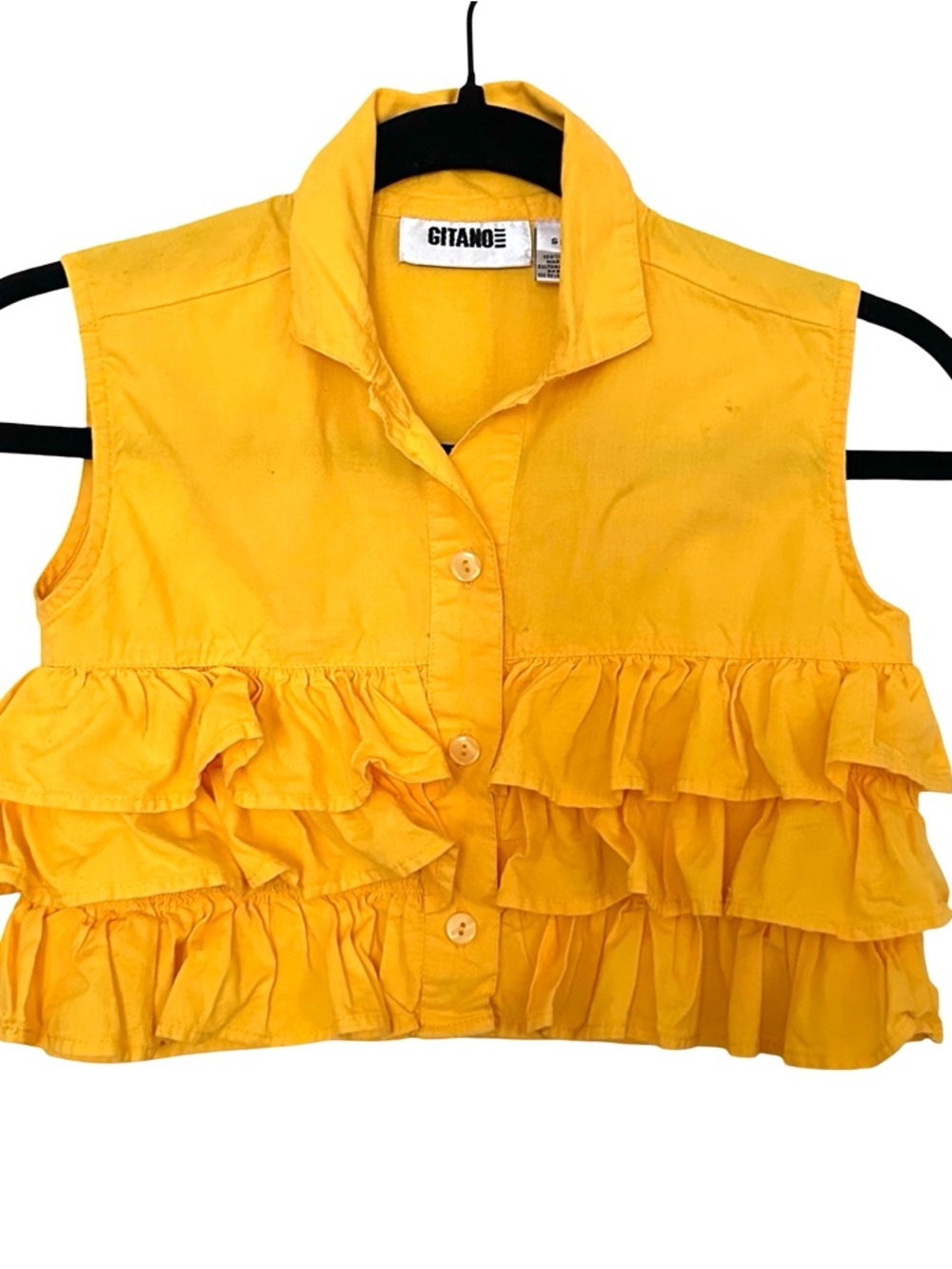 Y2K 90s Gitano Mustard Yellow Ruffle Crop Button-Front Top Size M runs small